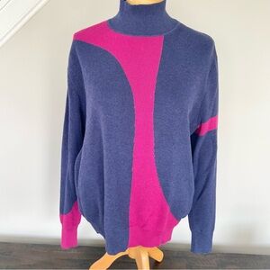 Edinburgh Knitwear Abstract Colorblock Mock Turtleneck Sweater Indigo Pink Large
